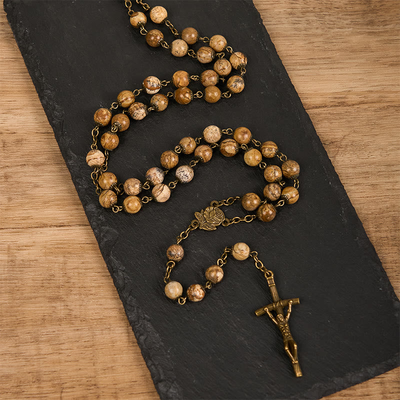 Christianartworkshop Rose & Crucifix of 8 mm Round Brown Stone Alloy Chain Rosary - Rose & Crucifix - image 0
