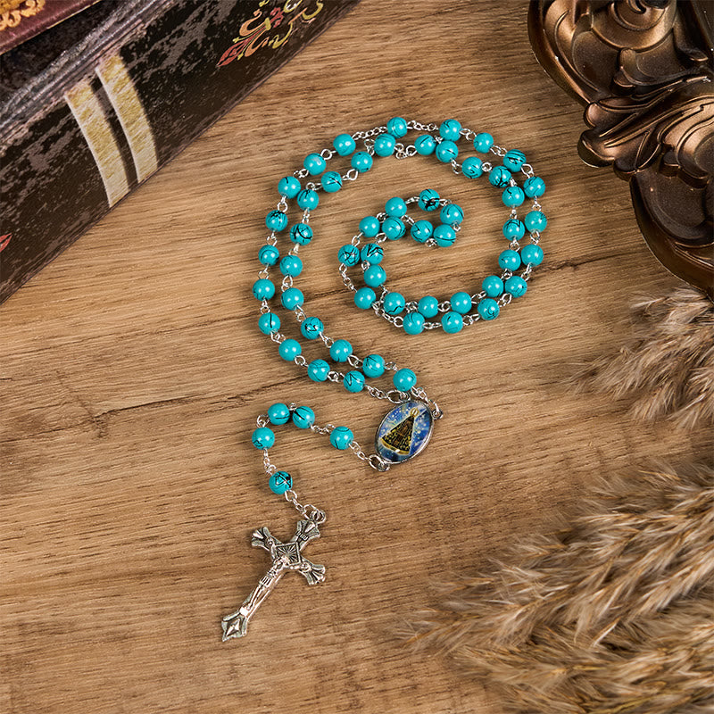 Christianartworkshop Our Lady of Aparecida & Crucifix of 8 mm Round Green Glass Alloy Chain Rosary - image 2