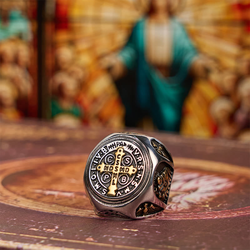 Christianartworkshop Classic Style St. Benedict Cross Divine Faith Ring - Silver & Gold - US13 - image 2