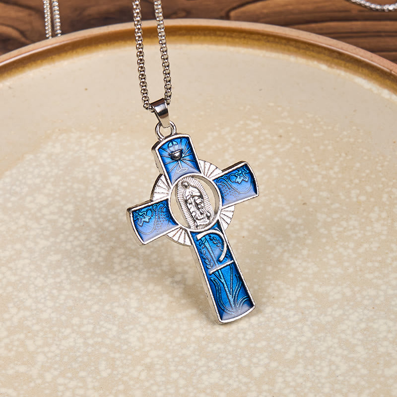 Christianartworkshop 6 Color Virgin Mary  Our Lady of Guadalupe Faith Cross Pendant Necklace - Blue - image 1