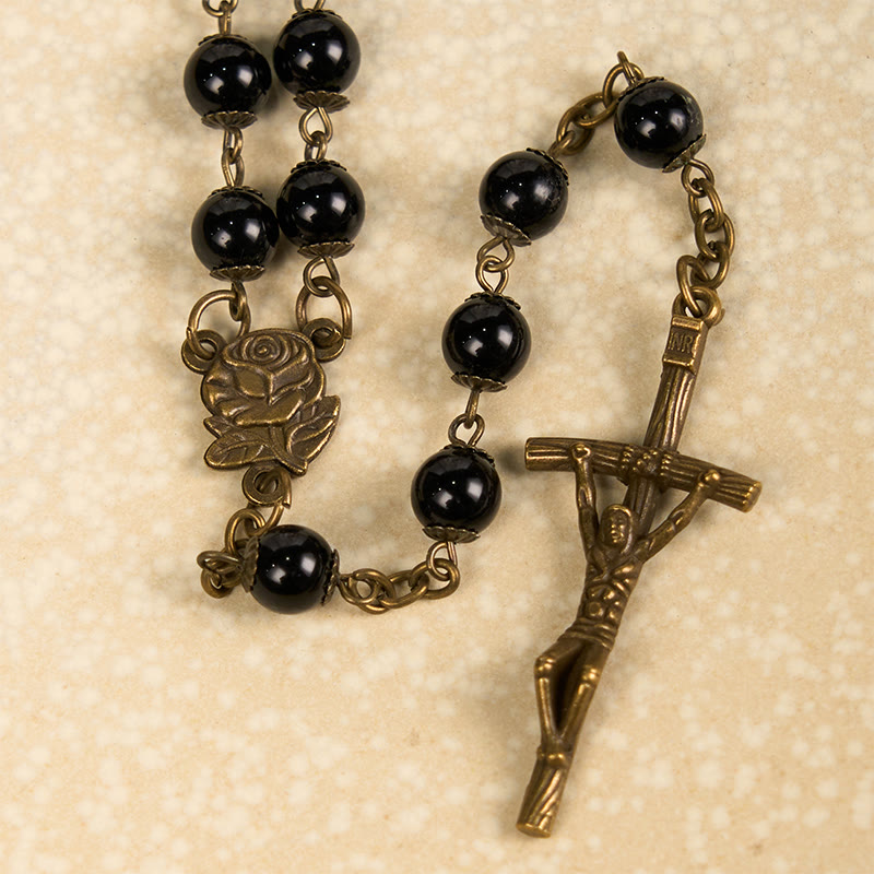 Christianartworkshop Rose & Crucifix of 10mm Round Black Stone Alloy Chain Rosary - image 5