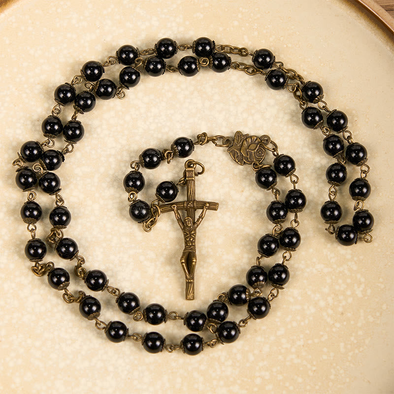 Christianartworkshop Rose & Crucifix of 10mm Round Black Stone Alloy Chain Rosary - image 3