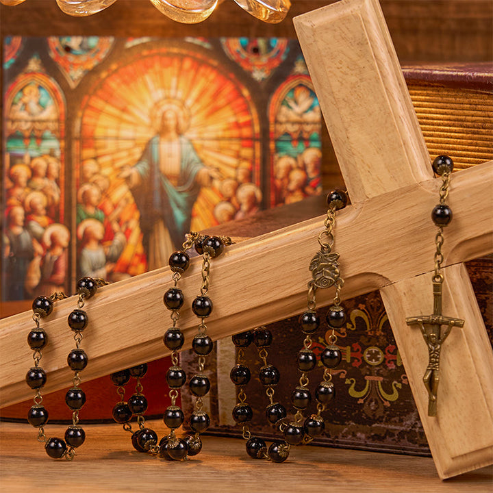 Christianartworkshop Rose & Crucifix of 10mm Round Black Stone Alloy Chain Rosary - Black - image 1