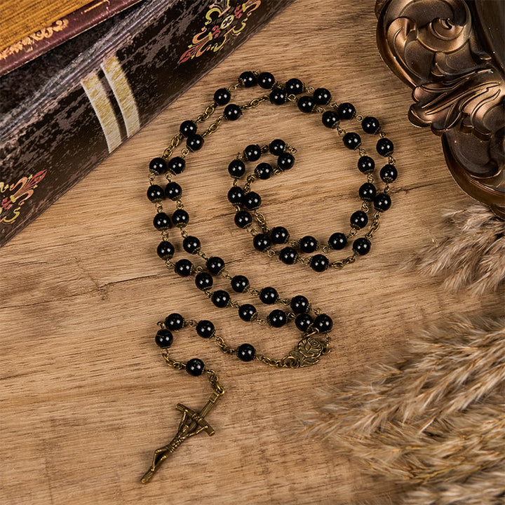 Christianartworkshop Rose & Crucifix of 10mm Round Black Stone Alloy Chain Rosary - image 2