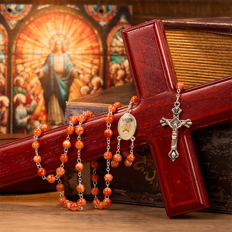 Christianartworkshop Holy Communion & Crucifix of 8 mm Round Orange Glass Alloy Chain Rosary - Orange - image 1