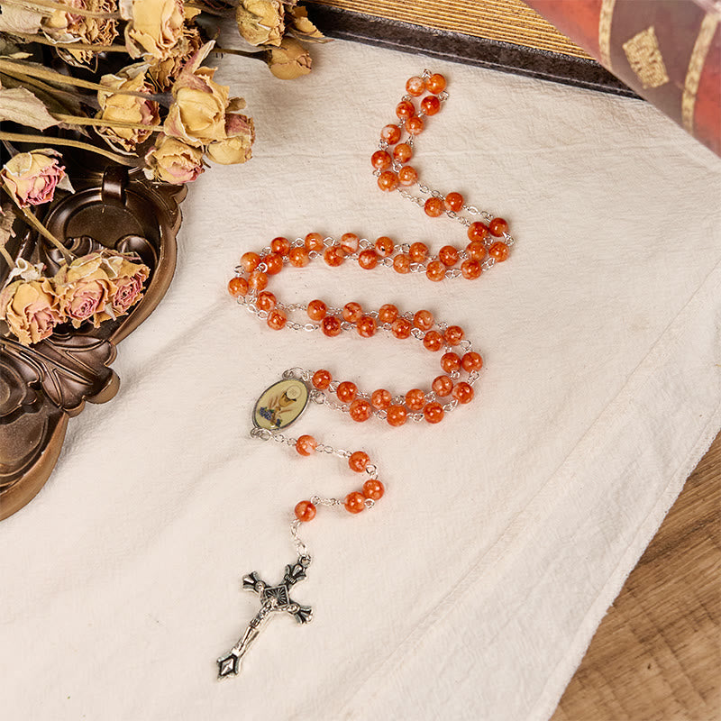 Christianartworkshop Holy Communion & Crucifix of 8 mm Round Orange Glass Alloy Chain Rosary - image 2