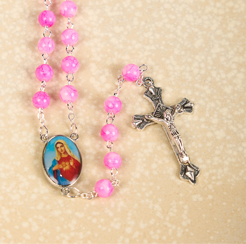 Christianartworkshop Immaculate Heart of Mary & Crucifix of 8 mm Round Pink Glass Alloy Chain Rosary - image 5