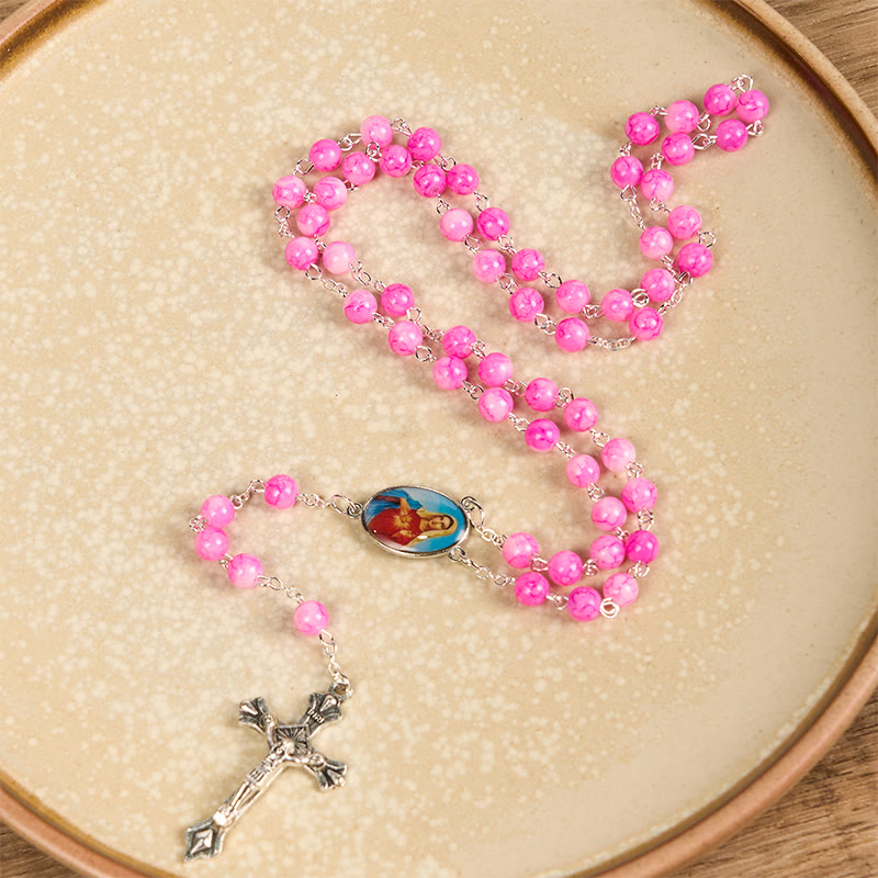 Christianartworkshop Immaculate Heart of Mary & Crucifix of 8 mm Round Pink Glass Alloy Chain Rosary - Pink - image 1