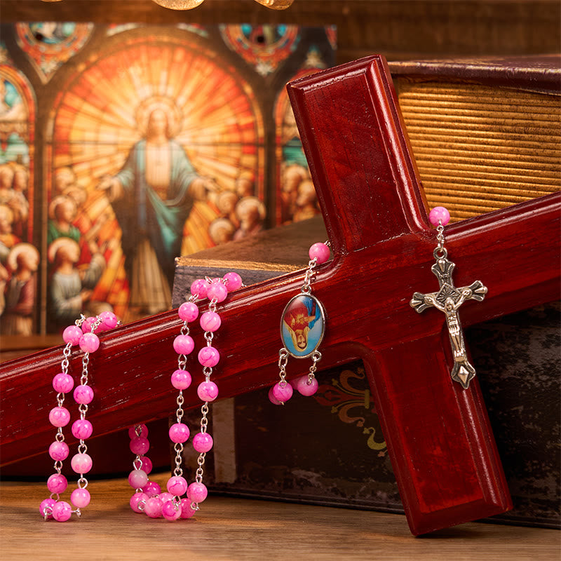 Christianartworkshop Immaculate Heart of Mary & Crucifix of 8 mm Round Pink Glass Alloy Chain Rosary - image 2