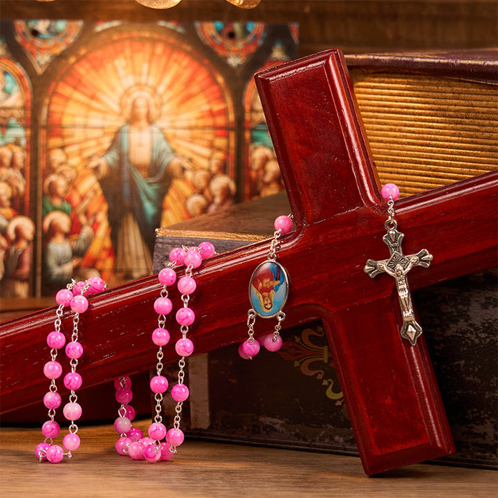 Christianartworkshop Immaculate Heart of Mary & Crucifix of 8 mm Round Pink Glass Alloy Chain Rosary - image 2