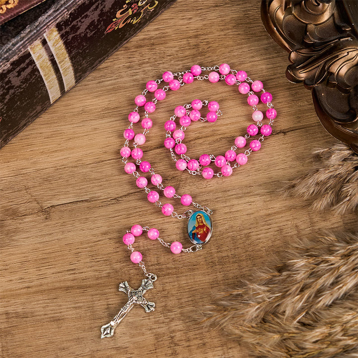 Christianartworkshop Immaculate Heart of Mary & Crucifix of 8 mm Round Pink Glass Alloy Chain Rosary - image 4