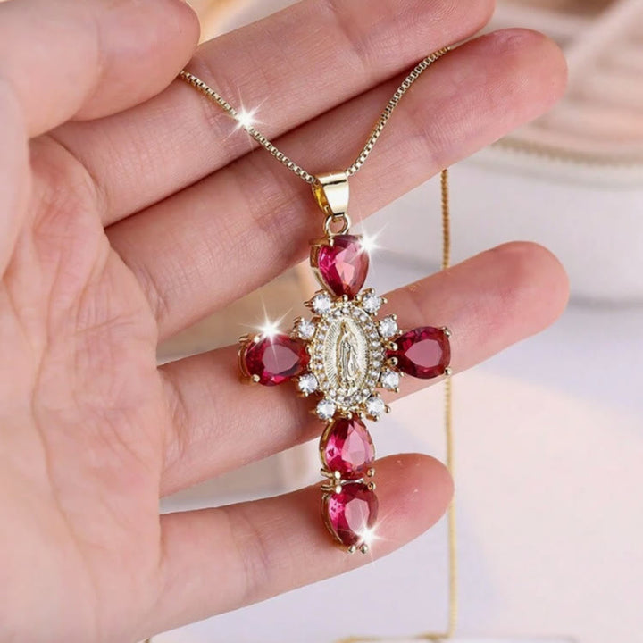 Christianartworkshop Diamond Virgin Mary Cross Necklace - Red - image 3