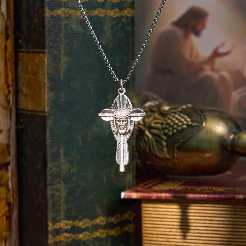 Christianartworkshop Retro Style Jesus Icon Cross Faith Blessed Crucifix Pendant Necklace - Jesus Feather - image 1