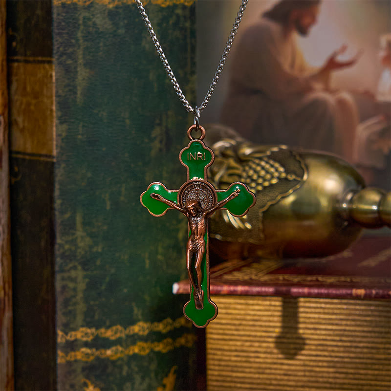 Christianartworkshop Multicolor Retro Style Classical Crucifix Faith Protection Pendant Necklace - Green-1 - image 1
