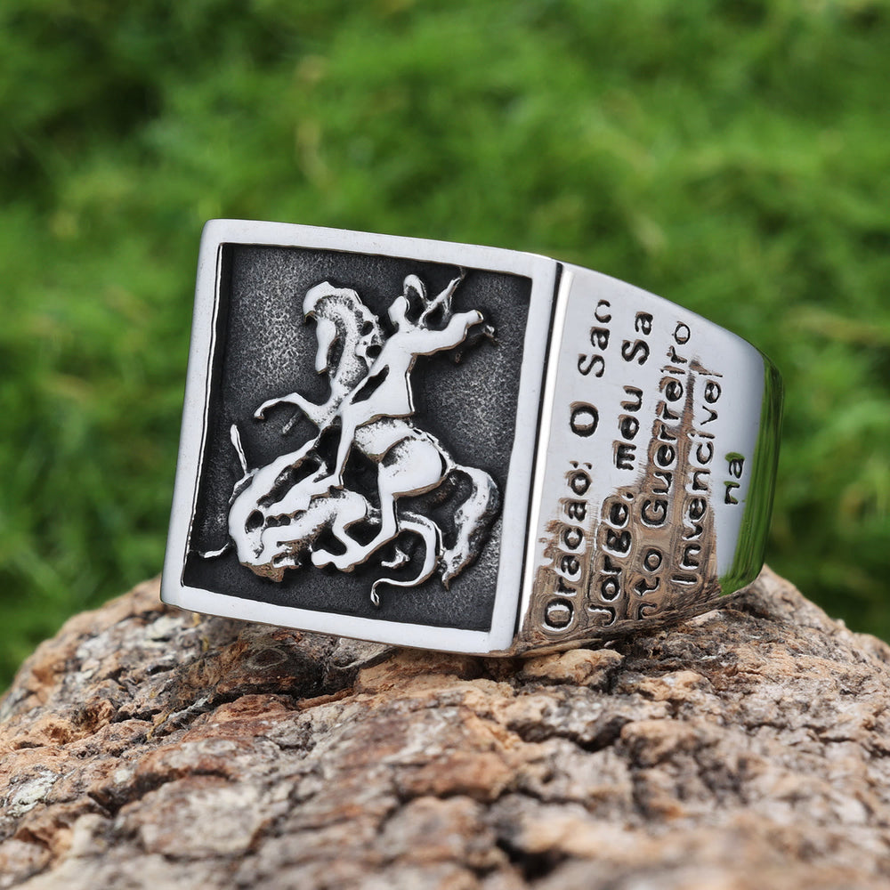 Christianartworkshop Retro Classic Style St. George Warrior Slave the Dragon Divine Protection Ring - image 1