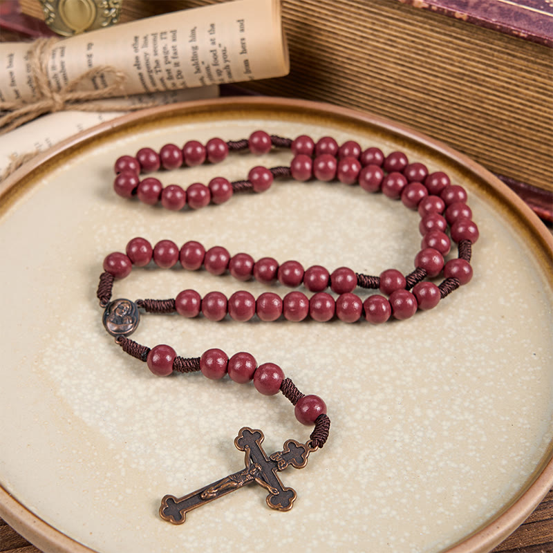 Christianartworkshop Madonna and Child & Crucifix of 10mm Round Red Wood Nylon Cord Rosary - image 2
