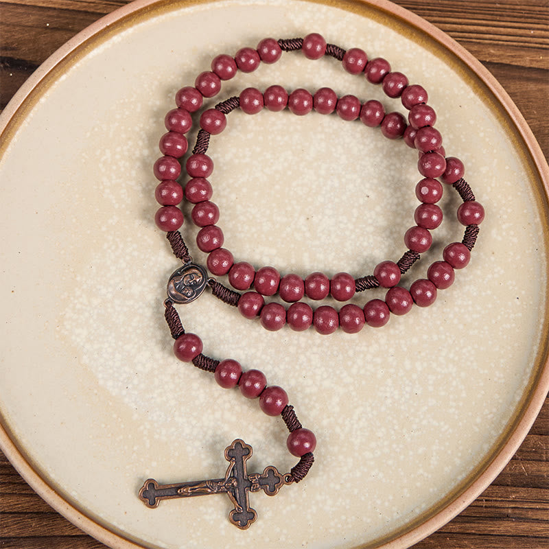 Christianartworkshop Madonna and Child & Crucifix of 10mm Round Red Wood Nylon Cord Rosary - image 5