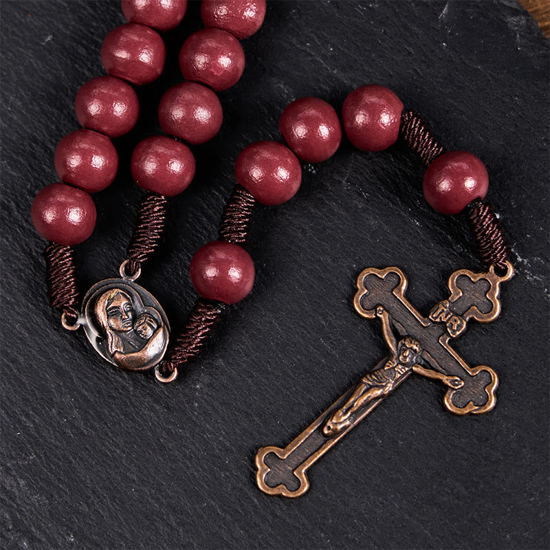 Christianartworkshop Madonna and Child & Crucifix of 10mm Round Red Wood Nylon Cord Rosary - image 7