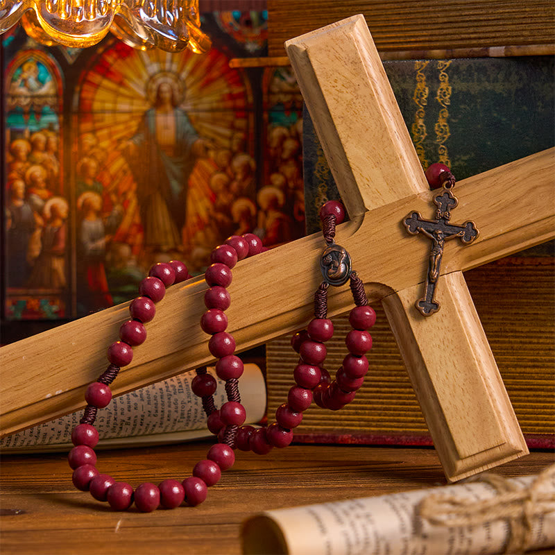 Christianartworkshop Madonna and Child & Crucifix of 10mm Round Red Wood Nylon Cord Rosary - image 4