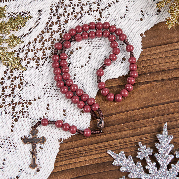 Christianartworkshop Madonna and Child & Crucifix of 10mm Round Red Wood Nylon Cord Rosary - image 3