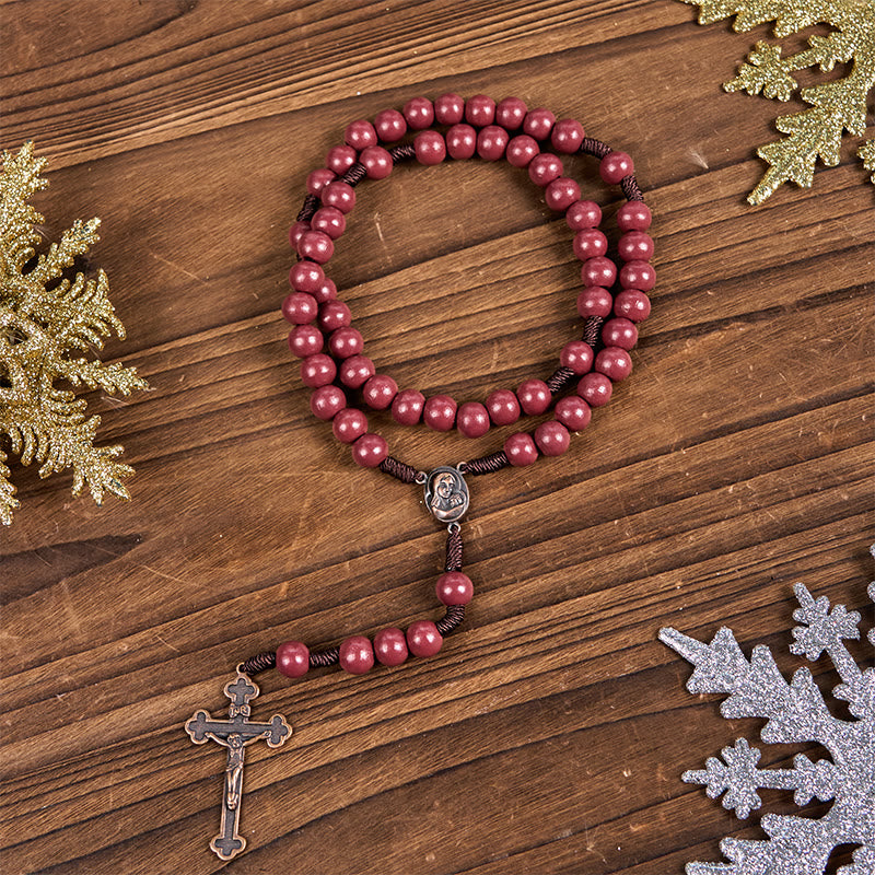Christianartworkshop Madonna and Child & Crucifix of 10mm Round Red Wood Nylon Cord Rosary - Red - image 1