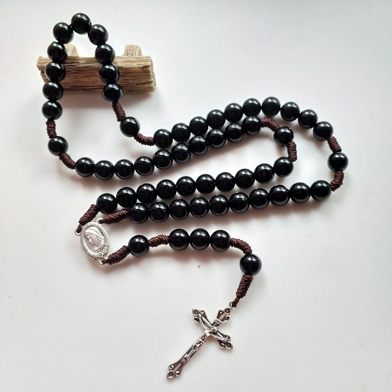 Christianartworkshop Our Lady & Crucifix of 10mm Round Blue/Black Acrylic Nylon Cord Rosary - Black - image 2