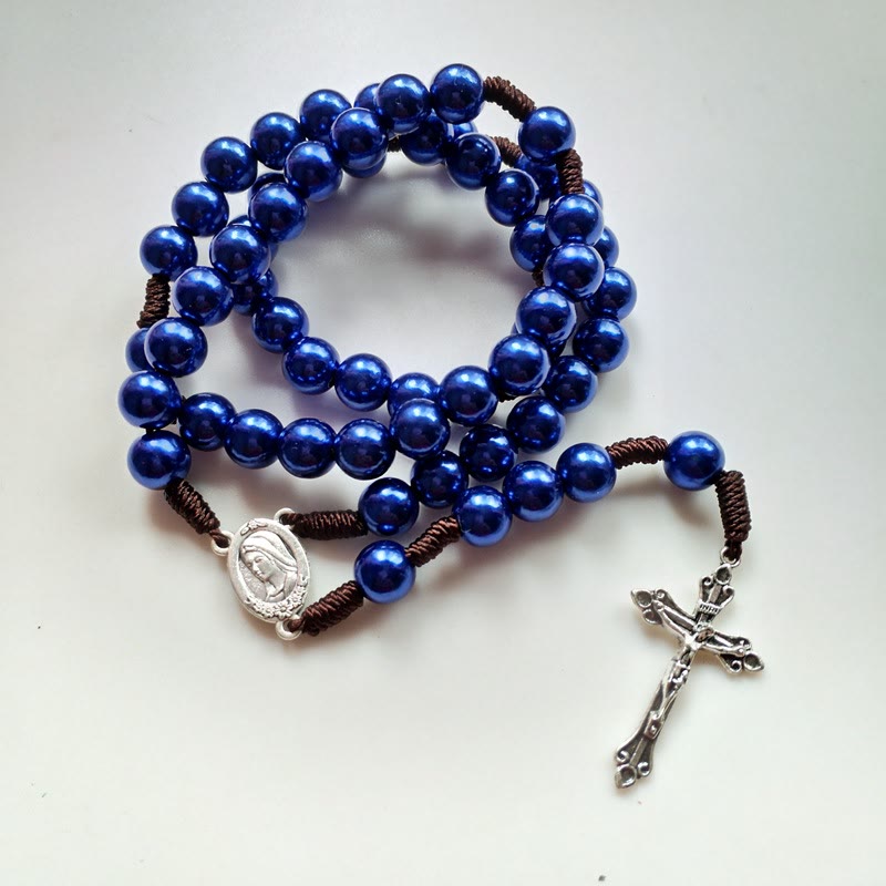 Christianartworkshop Our Lady & Crucifix of 10mm Round Blue/Black Acrylic Nylon Cord Rosary - Blue - image 1