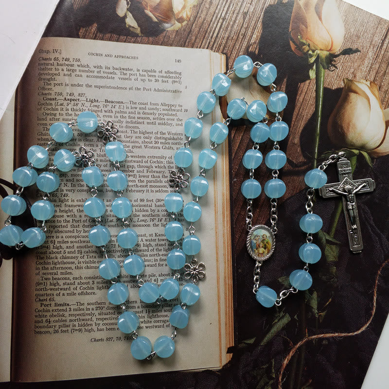 Christianartworkshop Holy Family & Crucifix of 10mm Polyhedron Blue Acrylic Alloy Chain Rosary - image 5