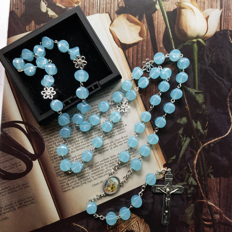 Christianartworkshop Holy Family & Crucifix of 10mm Polyhedron Blue Acrylic Alloy Chain Rosary - Light Blue - image 1