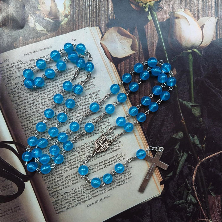 Christianartworkshop Jerusalem Medal & Crucifix of 8mm Round Blue Acrylic Alloy Chain Rosary - image 4