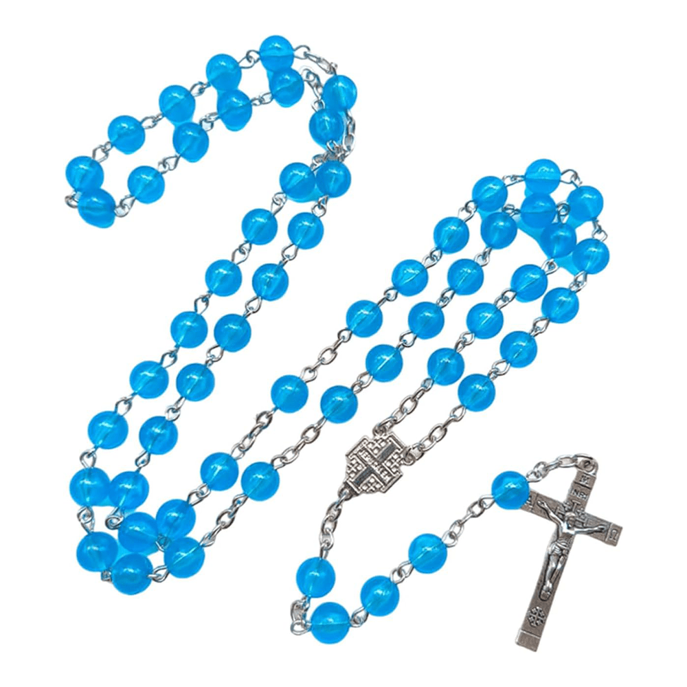 Christianartworkshop Jerusalem Medal & Crucifix of 8mm Round Blue Acrylic Alloy Chain Rosary - Lake Blue - image 1