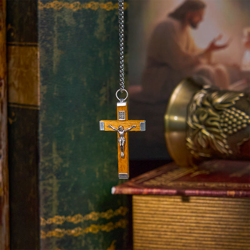 Christianartworkshop Retro Style Jesus Icon Crucifix Wood & Alloy Pendant Necklace - image 2