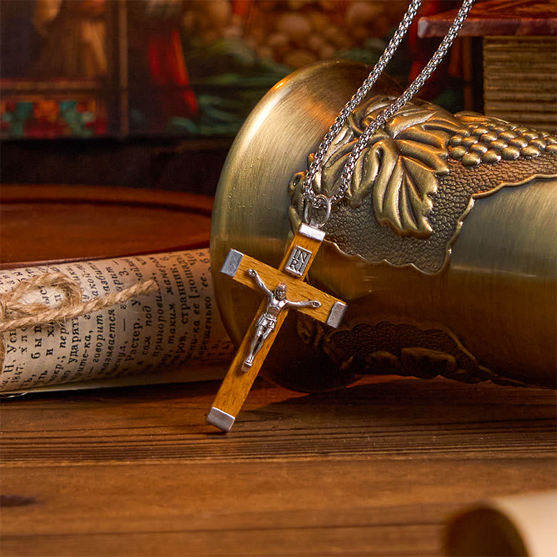 Christianartworkshop Retro Style Jesus Icon Crucifix Wood & Alloy Pendant Necklace - Crafted Crucifix - image 1