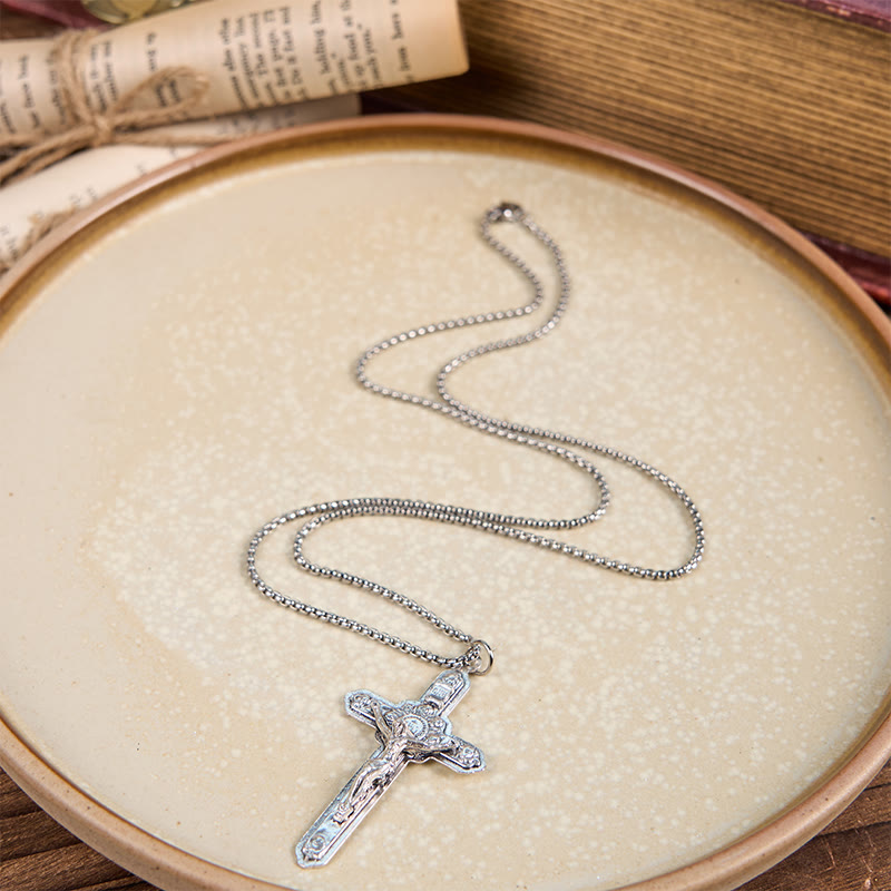 Christianartworkshop Retro Style Old Craft Jesus Crucifix Angels-Surrounded Pendant Necklace - image 2