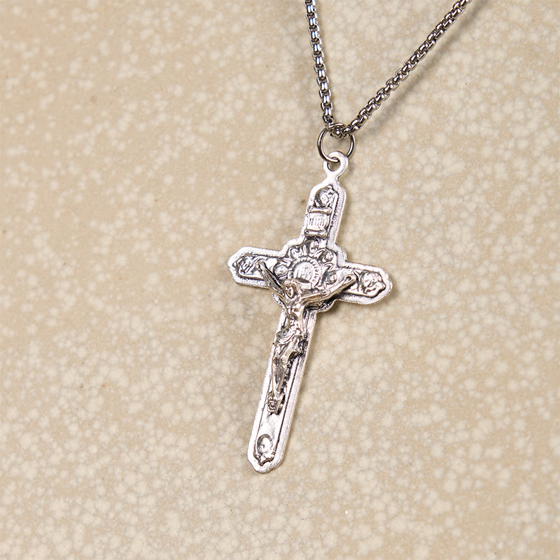 Christianartworkshop Retro Style Old Craft Jesus Crucifix Angels-Surrounded Pendant Necklace - image 4