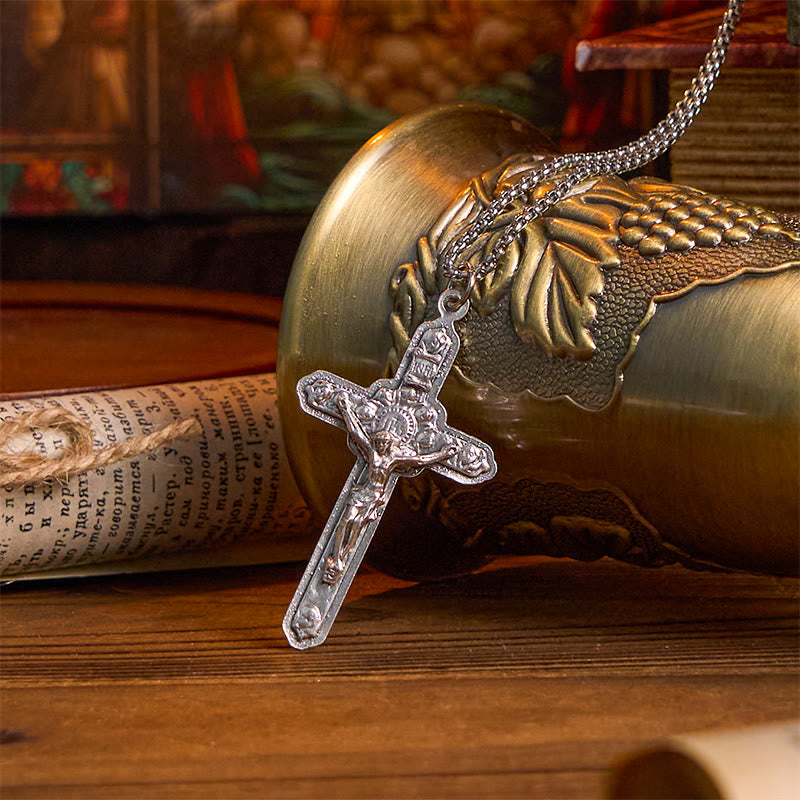 Christianartworkshop Retro Style Old Craft Jesus Crucifix Angels-Surrounded Pendant Necklace - Crucifix - image 1