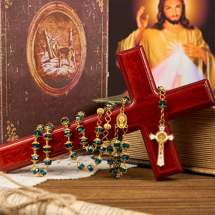 Miraculous Medal & Crucifix of 6 mm Polyhedron Blue Acrylic Alloy Chain Rosary - image 3