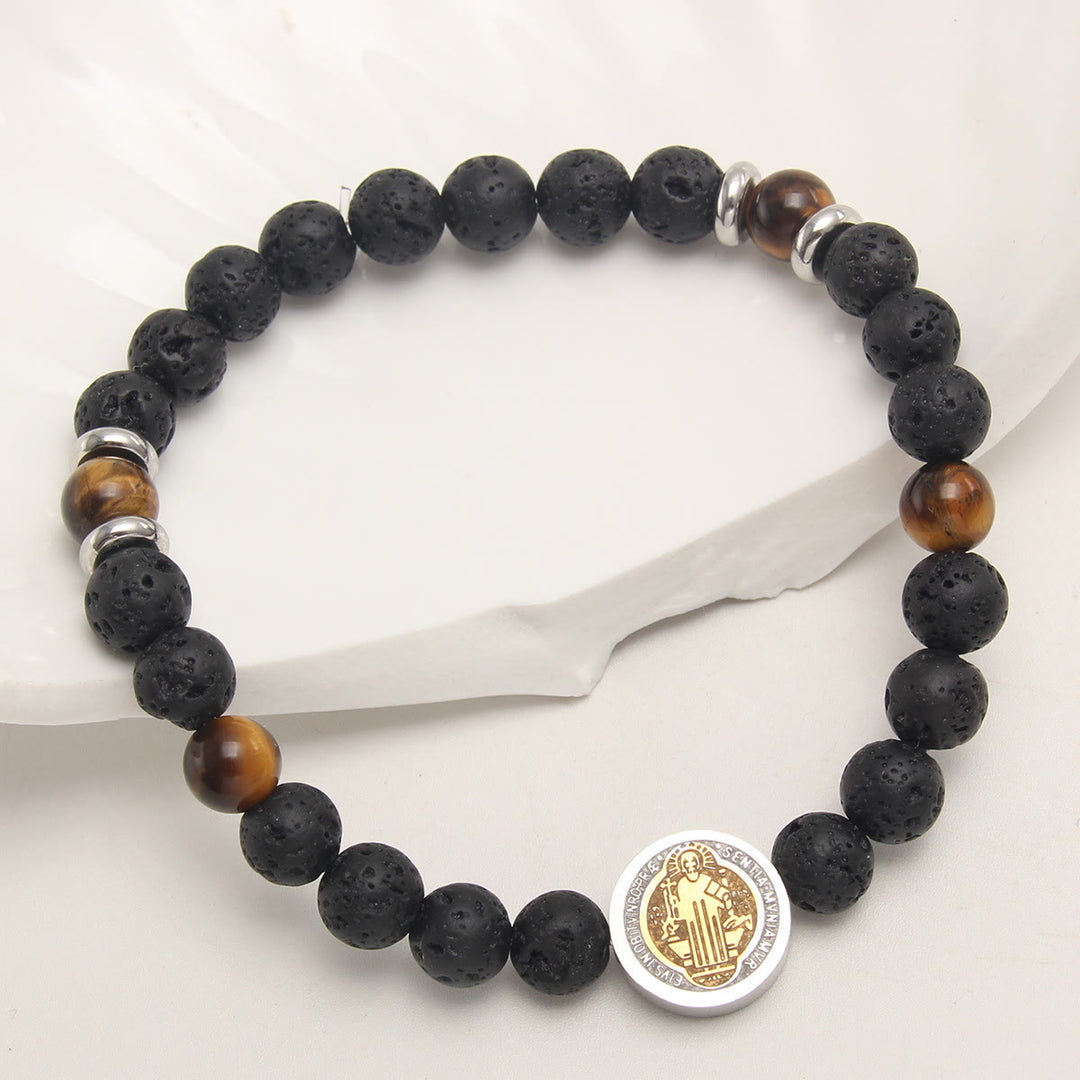 Christianartworkshop Volcanic Stone Yellow Tiger Eye St. Benedict Bracelet - Volcanic Stone - image 1