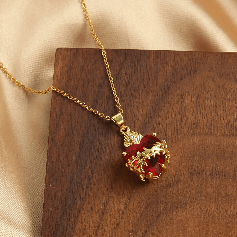Christianartworkshop FAITH AS YOUR ARMOR: Red Gemstones Sacred Heart of Jesus Pendant Necklace - image 2