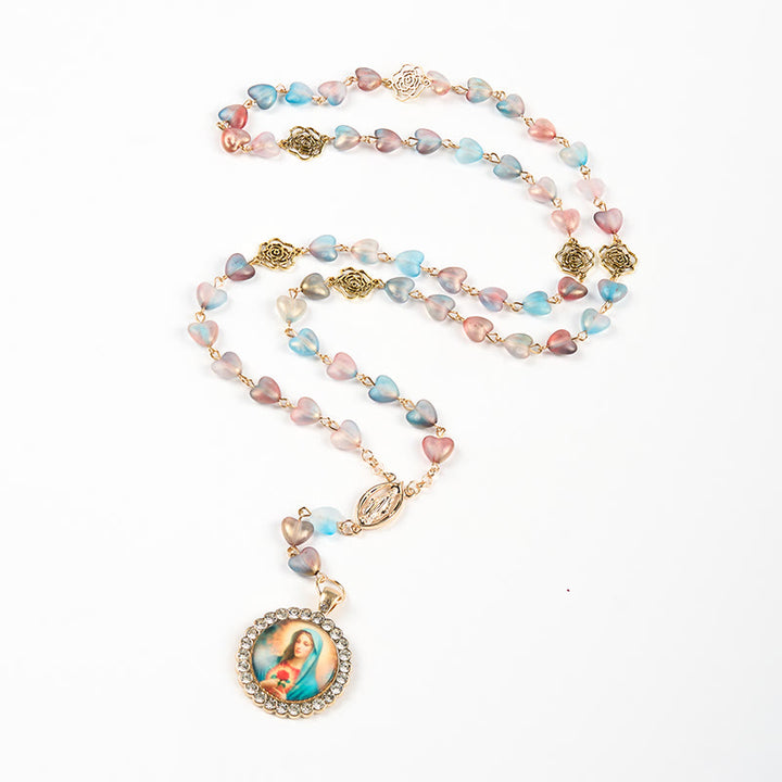 Christianartworkshop Miraculous Medal & Immaculate Heart of 10mm Heart Rose Multicolor Glass Alloy Chain Rosary - image 6