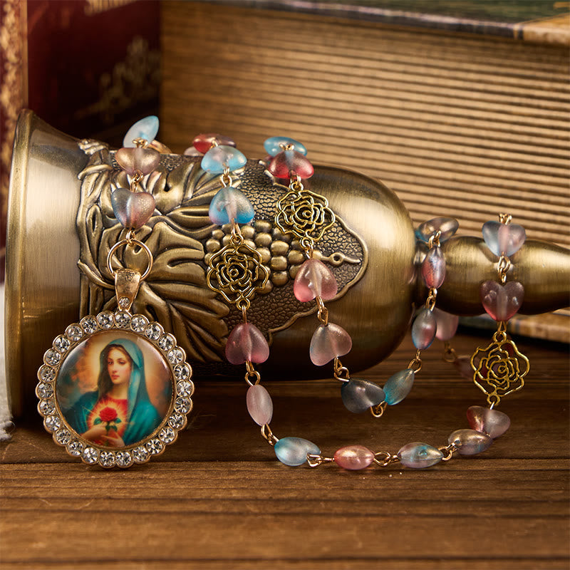 Christianartworkshop Miraculous Medal & Immaculate Heart of 10mm Heart Rose Multicolor Glass Alloy Chain Rosary - image 5