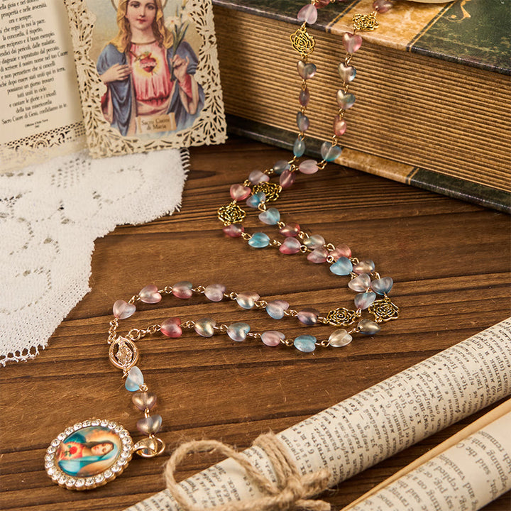 Christianartworkshop Miraculous Medal & Immaculate Heart of 10mm Heart Rose Multicolor Glass Alloy Chain Rosary - image 2