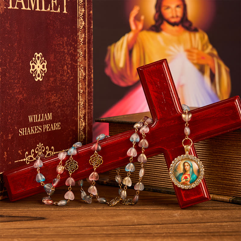 Christianartworkshop Miraculous Medal & Immaculate Heart of 10mm Heart Rose Multicolor Glass Alloy Chain Rosary - image 3
