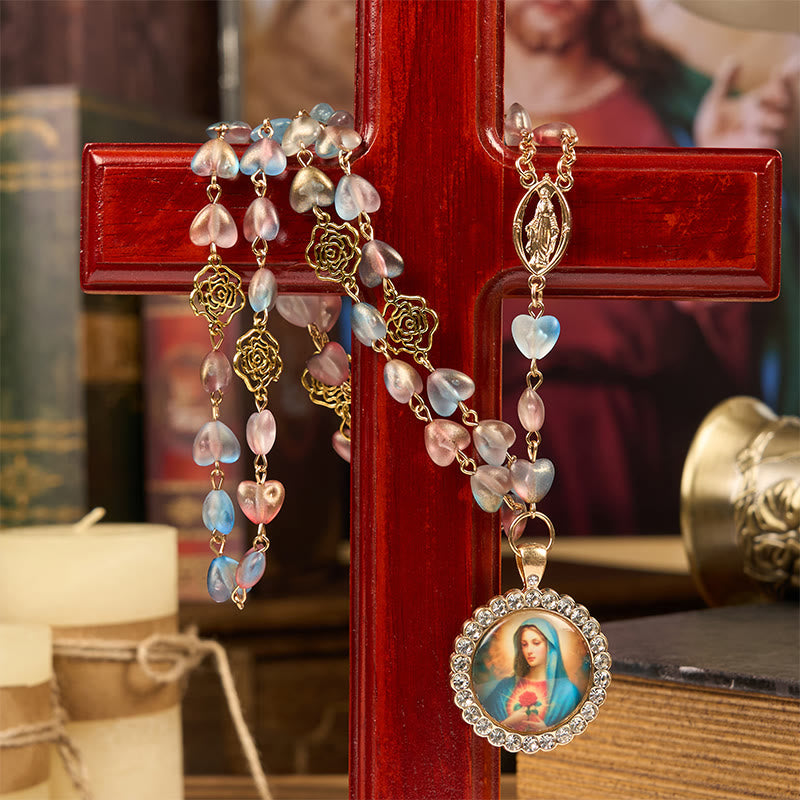 Christianartworkshop Miraculous Medal & Immaculate Heart of 10mm Heart Rose Multicolor Glass Alloy Chain Rosary - image 2