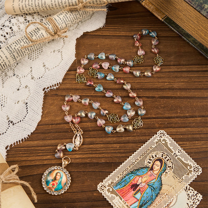Christianartworkshop Miraculous Medal & Immaculate Heart of 10mm Heart Rose Multicolor Glass Alloy Chain Rosary - Multicolor - image 1