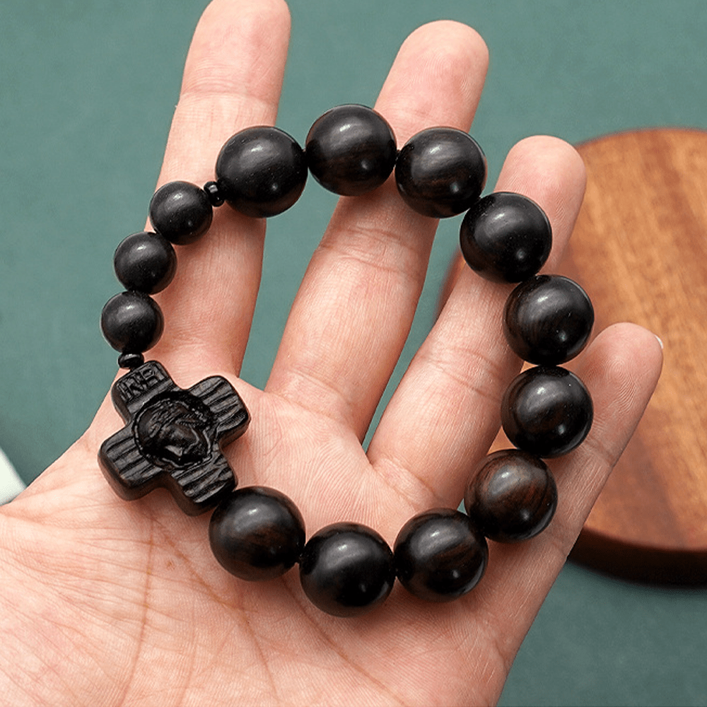 Christianartworkshop Classic Jesus Christ Cross Black Sandalwood Rosary Bracelet - 15mm - image 8