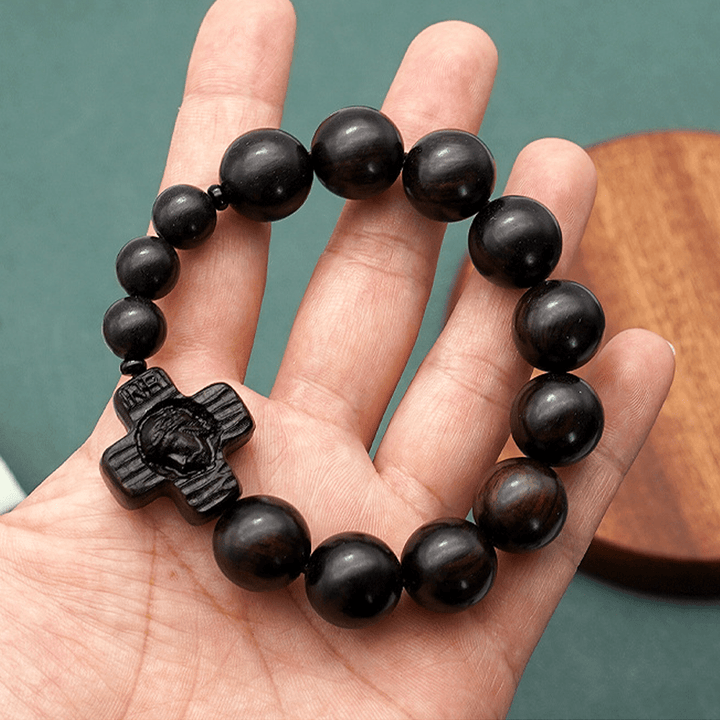 Christianartworkshop Classic Jesus Christ Cross Black Sandalwood Rosary Bracelet - 15mm - image 8