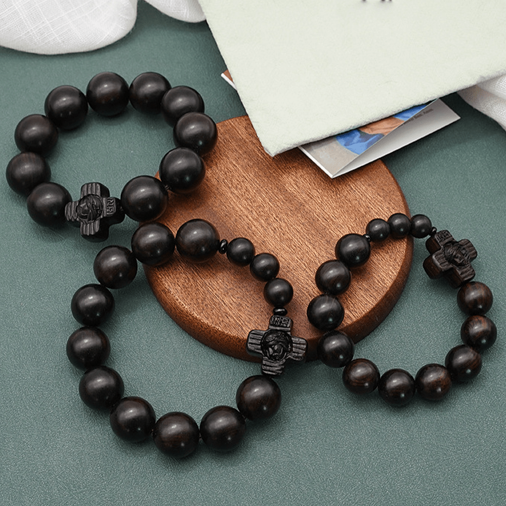 Christianartworkshop Classic Jesus Christ Cross Black Sandalwood Rosary Bracelet - image 2