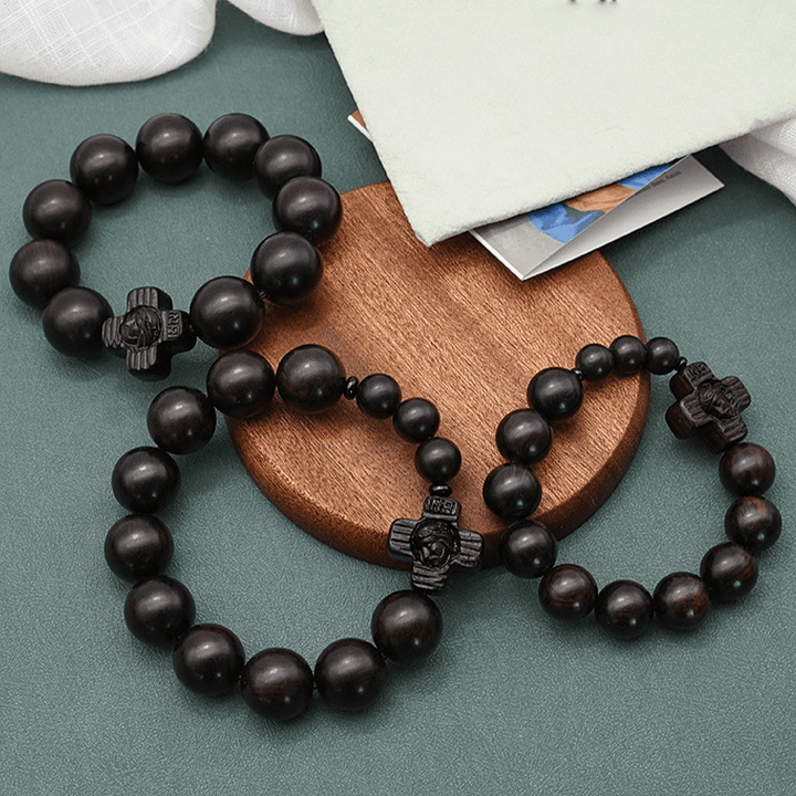 Christianartworkshop Classic Jesus Christ Cross Black Sandalwood Rosary Bracelet - image 2
