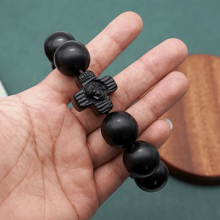 Christianartworkshop Classic Jesus Christ Cross Black Sandalwood Rosary Bracelet - image 9